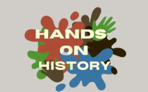 John Brown Lives! Hands-On History logo - Hands on History in white text on top of a multi-color paint splatter in the center of a beige background