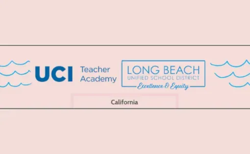 LBUSD/UCI Logo - Blue waves on pink backdrop with UCI Teacher Academy Logo and Long Beach School District logo side by side