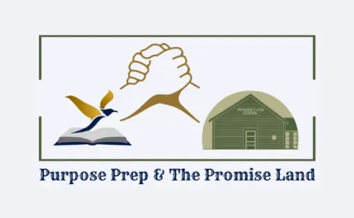 Purpose Prep &amp; the Promise Land Logo - bird on top a book on the left and a green house on the right, with joined hands at the center