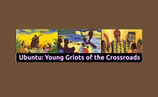 Ubuntu Logo - Three cartoon images on top of a black banner with "Ubuntu: Young Griots of the Crossroads" typed in white text in the center of it