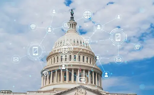 Capitol dome building exterior, Washington DC, USA, with image overlay of social media hologram