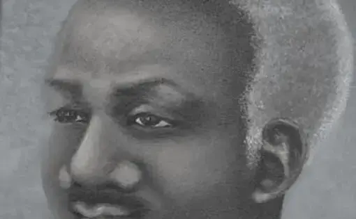 Close-up portrait drawing up Anthony "Alani" Allen with a mustache and grey hair who is wearing a suit