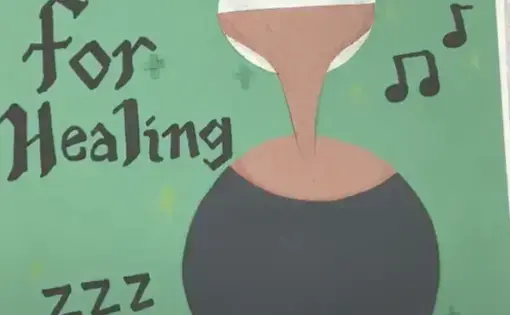 Cover of a student-created book called "recipes for healing" with a green background and a drawing of a ladle pouring soup into a black vessel
