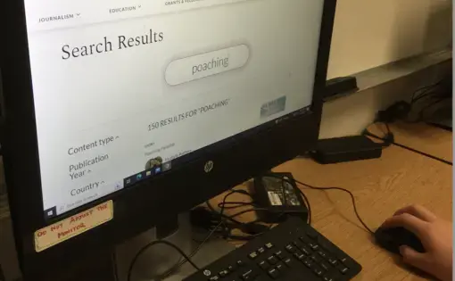 Close up of a screen displaying the results of a search for the term, "poaching" on the Pulitzer Center website