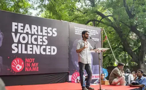 New Delhi, India : September 7, 2017 - Umar Khalid speaking during protest against killing of senior journalist in Bangalore, India.