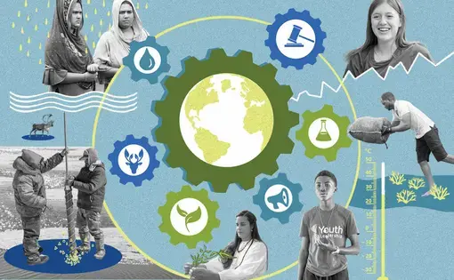 Christian Science Monitor Weekly magazine cover art from November 6, 2023, featuring images from the Climate Generation series of youth from across the world and an illustration with gears representing activism, science, et cetera, as efforts to combat climate change.