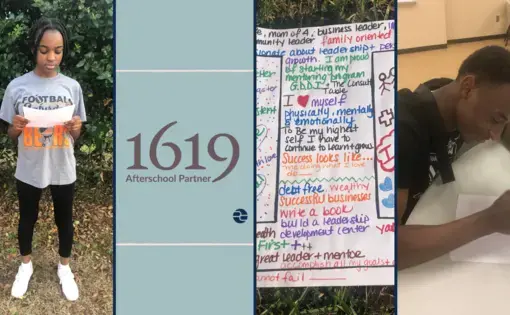 Collage of students writing and performing creative pieces.