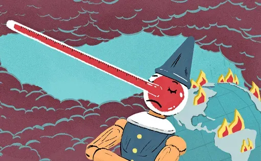 Illustration of pinocchio with a thermometer as a nose against a world on fire