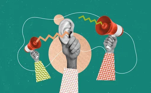 illustration collage of hands holding bullhorns and one hand holding an ear, which is receiving lines drawn from the bullhorn.