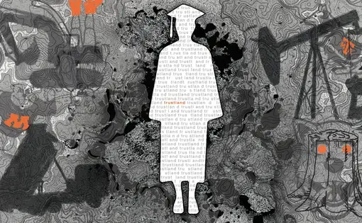 Illustration of land grant land with figure of person, text reading "trustland"
