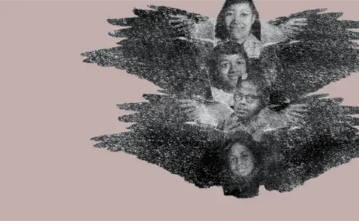 This image features drawings of four young girls surrounded by wings with a lavender background
