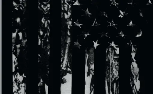 American flag overlayed in a black and white image