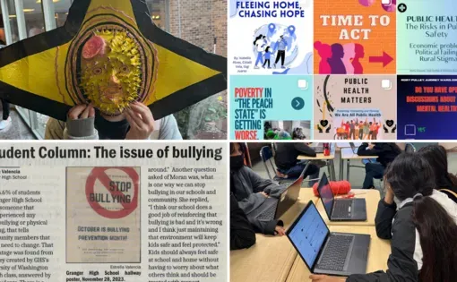 Graphic of four photos featuring work by students of 2023-2024 teacher fellows. Images include a studnet-created mask, an article written by a student, and a screenshot of several social media posts from students about global issues