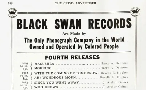 Screenshot of an advertisement from The Crisis for Black Swan Records, a Black-owned phonograph company.