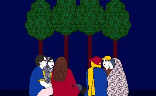 A Move film poster, illustration of women sitting under trees