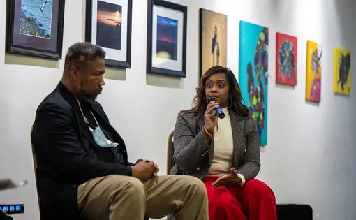 LaTonda Simmons, assistant city administrator for the city of Oakland, sits on El Tímpano’s panel on the ongoing lead contamination crisis in Black and Latino communities throughout Oakland on Thursday, Feb. 20, 2024