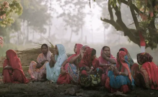 women in colorful headscarves sit in a forest clearing, India