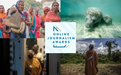 logo for "Online Journalism Awards" with photo collage showing Pulitzer Center projects nominated for awards