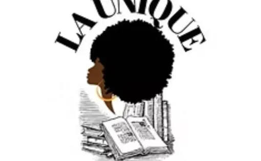 La Unique Bookstore Logo. An illustrated side profile of a Black woman's head above a stack of books with the words La Unique above. over