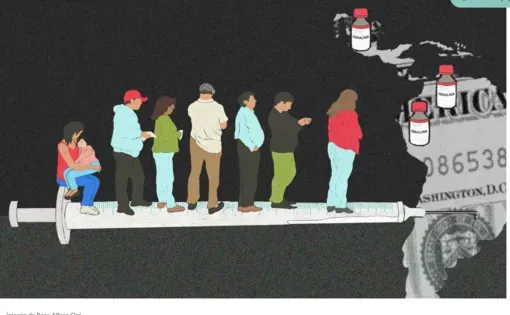 Drawing of people in a line standing on a syringe facing a map of South America