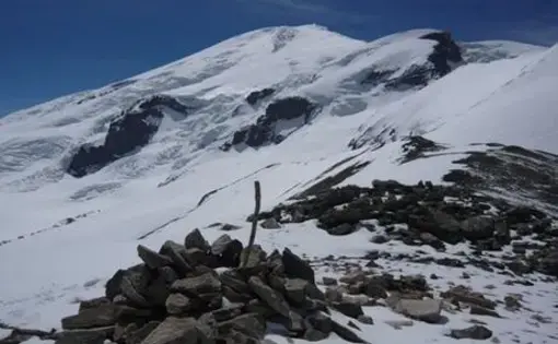 Mount Elbrus, seen from the Balkbashi pass. Image by Tom Parfitt. Russia, June 2008.