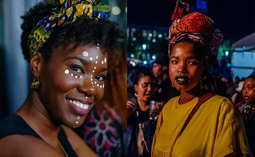 At left, 31-year-old Melia attended her first Afropunk event last year in Paris. "It's nice to meet people from everywhere. It's another way to look at Africa." At right, South Africa had its own festival to close out 2017. Image by Melissa Bunni Elian. South Africa, 2017.