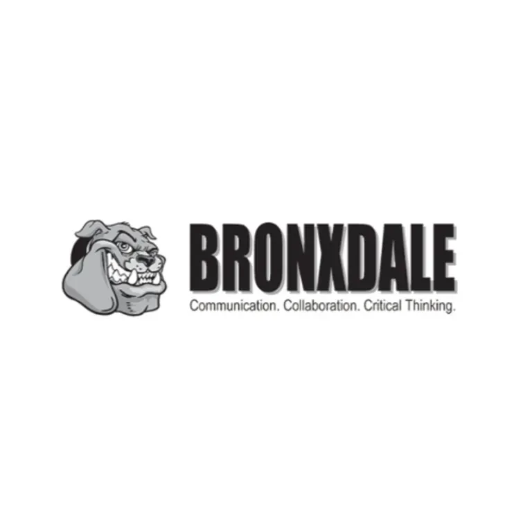 Bronxdale High School Logo - Bronxdale in large black letters with a gray cartoon bull dog on the left. Underneath the school name are the words Communication, Collaboration, and Critical Thinking