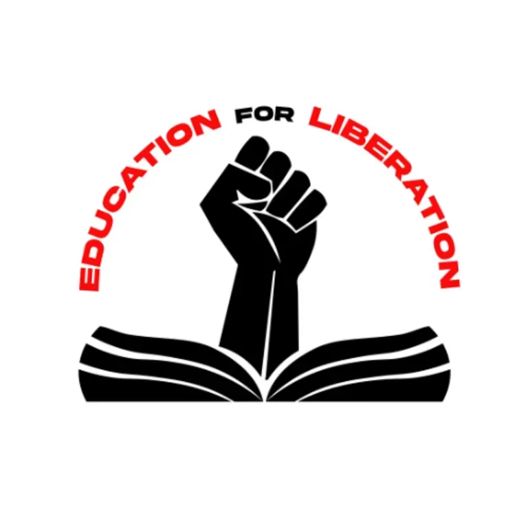 Education for Liberation Logo - Black fist above a black open book; red and black text that reads "Education for Liberation" in an arch shape above the black fist