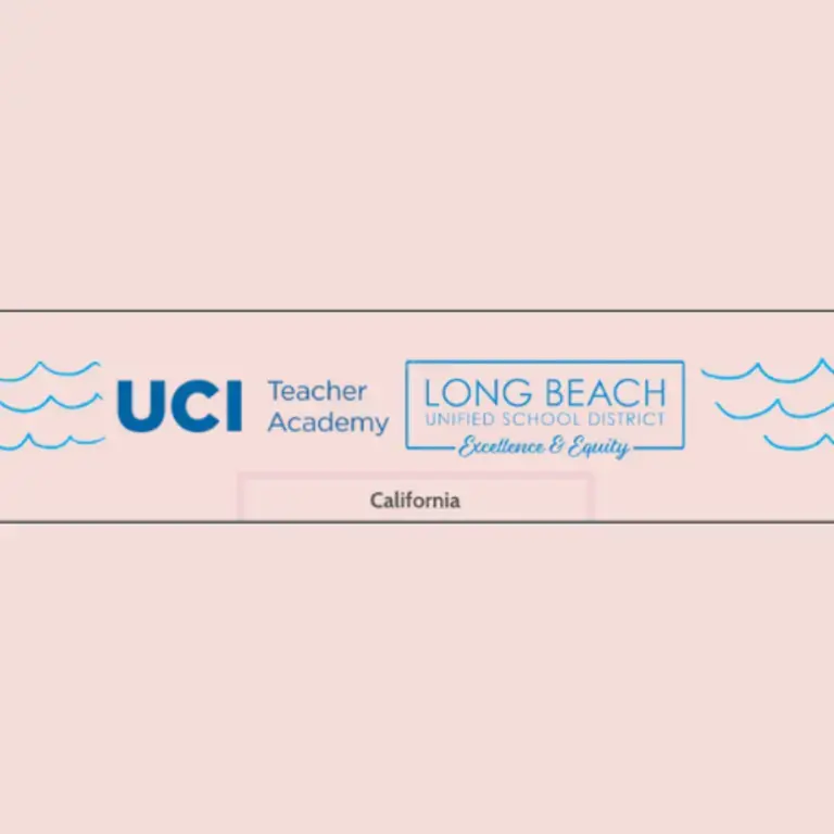 LBUSD/UCI Logo - Blue waves on pink backdrop with UCI Teacher Academy Logo and Long Beach School District logo side by side