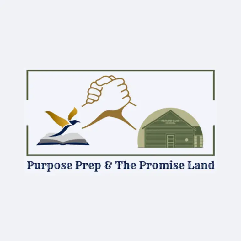 Purpose Prep &amp; the Promise Land Logo - bird on top a book on the left and a green house on the right, with joined hands at the center