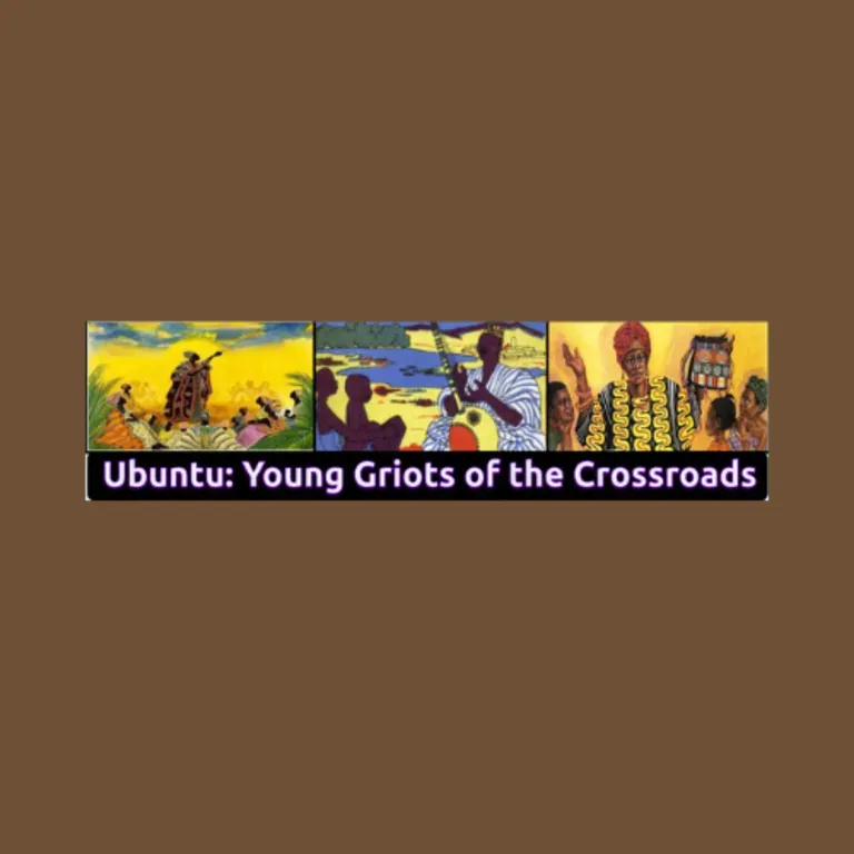 Ubuntu Logo - Three cartoon images on top of a black banner with "Ubuntu: Young Griots of the Crossroads" typed in white text in the center of it
