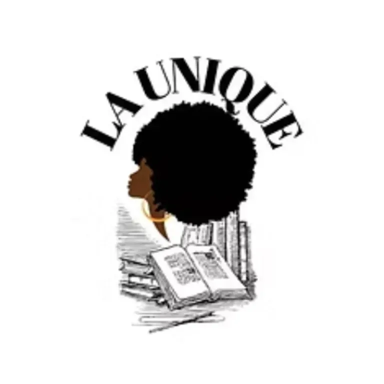 La Unique Bookstore Logo. An illustrated side profile of a Black woman's head above a stack of books with the words La Unique above. over