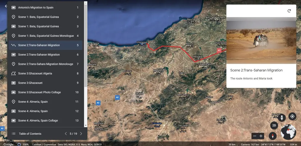Screenshot from Google Earth showing a migration route through the Sahara.