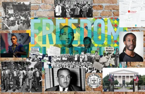 Student-created collage celebrating Black excellence, resistance, and joy. Images include Felix St. Fort, Gabe Tiberino, and the Cecil B. Moore Mural.