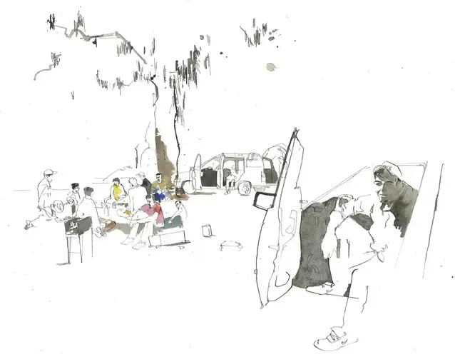 Shuhrat, a man at the barbecue, was deported from Russia in November 2016 and issued a re-entry ban. He hasn’t checked how long his ban is. “There’s a place to check,” he said, “but I didn’t go. I was afraid.” His job in Russia as a bathroom attendant paid well, so his father — a doctor in Tajikistan — went abroad to fill the position. “I came back, and he went to Russia. He took my job in the [market], in the same bathroom.” Image by George Butler. Tajikistan, 2016.
