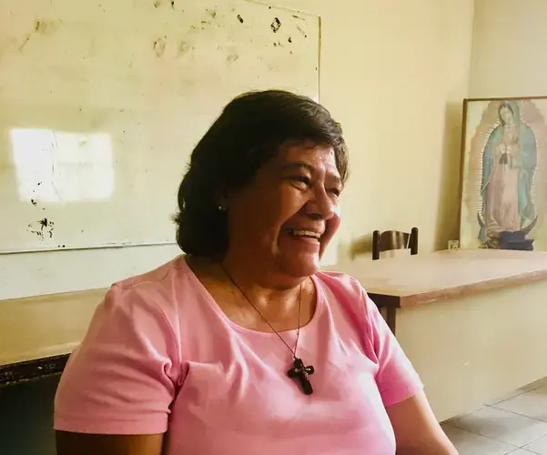 Sister Maria Antonia Aranda has been working with the parish priest since January to coordinate legal aid and offer counseling to migrants, including talk and heat therapy.&nbsp;Image by Lily Moore-Eissenberg. Mexico, 2019.