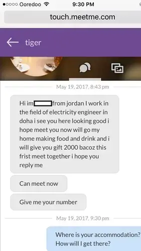 Screenshot from conversation on MeetMe. Screenshot&nbsp;Ana P. Santos. Qatar, 2017.