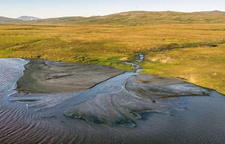 A mud delta, near Nome in Northwest Alaska, was created by permafrost melting on a nearby hillside. Layers of silty soil washed into the river, changing the waterway for salmon. Image by Steve Ringman. United States, 2019.