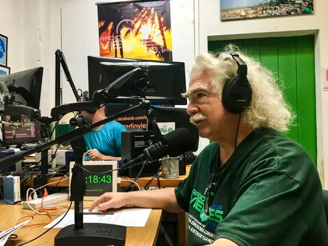 Local resident Robert Rabin on the air with Radio Vieques. Image by Martha Bayne. Puerto Rico, 2019.
