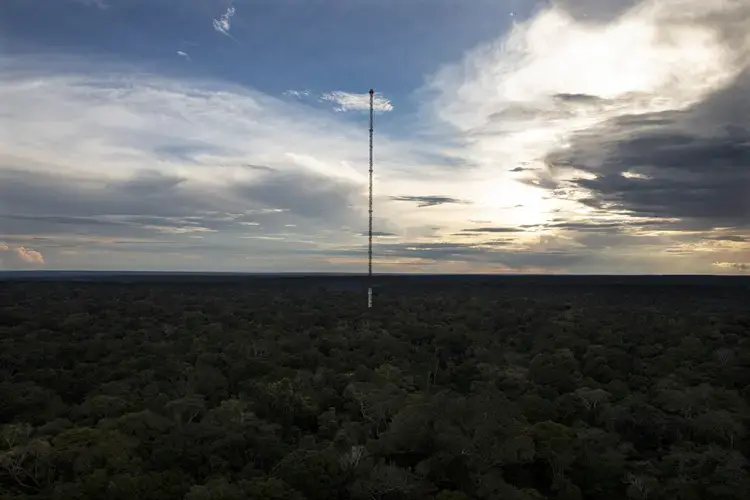 The Amazon Tall Tower Observatory is one of the tallest structures in South America and a valuable tool for studying the rainforest. Image by Victor Moriyama. Brazil, 2019.