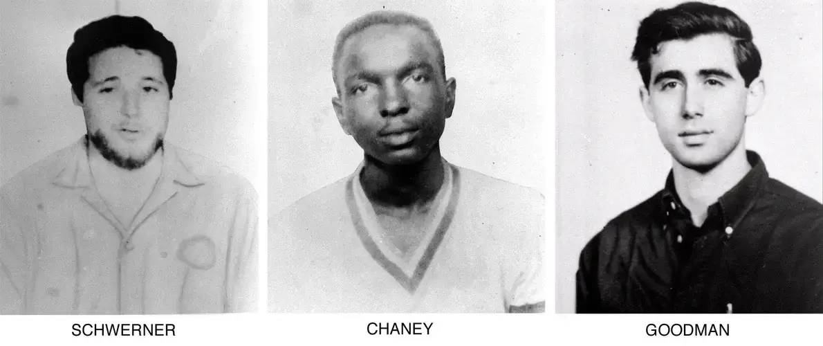 From left, Michael Schwerner, 24, of New York, James Cheney, 21, from Mississippi, and Andrew Goodman, 20, of New York. Image courtesy of The Associated Press / FBI. United States, undated.<br />
