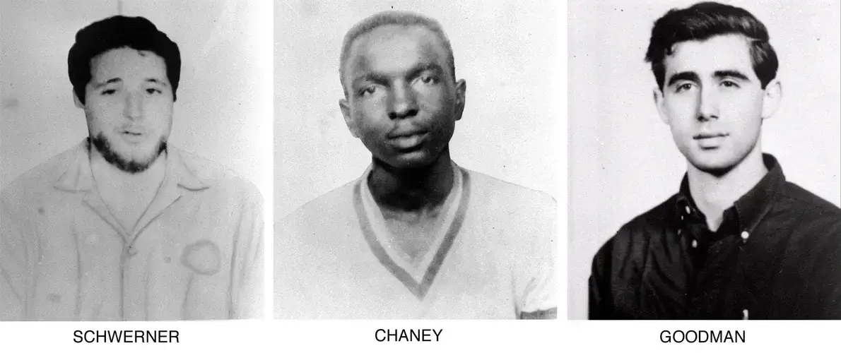 From left, Michael Schwerner, 24, of New York, James Cheney, 21, from Mississippi, and Andrew Goodman, 20, of New York. Image courtesy of The Associated Press / FBI. United States, undated.<br />