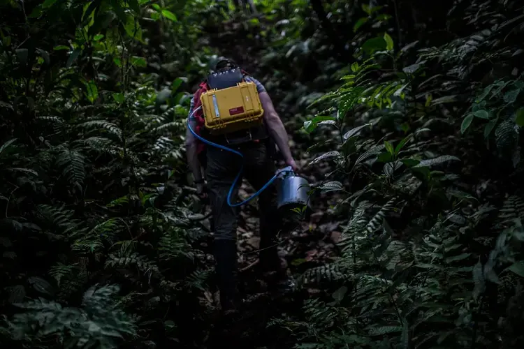 Volcanologist Chad Deering walks through the tropical rainforest with a gas-testing kit. Image by Dado Galdieri / Hilaea Media. Costa Rica, 2020.