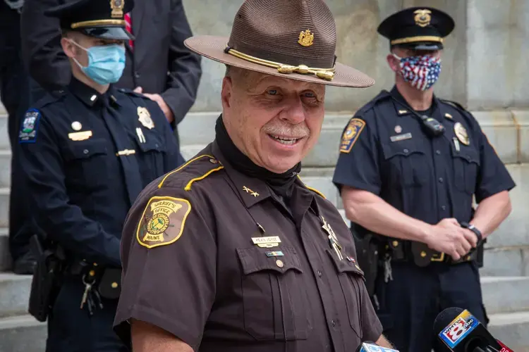 Cumberland County Sheriff Kevin Joyce speaks at a press conference outside Portland City Hall on June 3. Image by Troy R. Bennett /&nbsp;Bangor Daily News. United States, 2020.