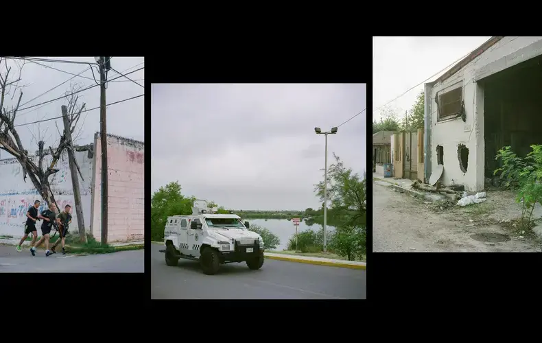 Left: Mexican National Guardsman perform morning exercises in front of a former Mexican Marine base that has since been converted into a Mexican National Guard base near Laguna Laguito. Middle: A Mexican National Guard personnel carrier is seen near Laguna Laguito. Right: A view of a former Mexican Marine base that housed a special forces unit that was accused of committing kidnappings and murders of civilians.&nbsp;Images by by Christopher Lee. Mexico, 2020.