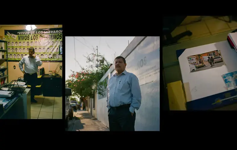 Left and middle: Raymundo Ramos. Right: A photo on Ramos's desk of Mexican Marines looking at an activist installation.&nbsp;Images by by Christopher Lee. Mexico, 2020.