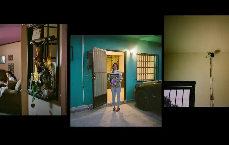 Left: An installation in the home of activist Jessica Molena, an American citizen, dedicated to her husband Jose Daniel Trejo Garcia, an American green card holder, who was kidnapped by a special forces unit of the Mexican Marines. Middle: Molena poses for a portrait in September at their former home where her husband was kidnapped. Right: A security camera is seen at their previous home.&nbsp;Image by by Christopher Lee. Mexico, 2020.