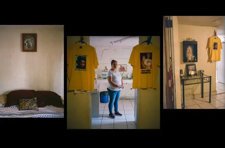 Erika Arredondo, photographed in her home in Nuevo Laredo, Mexico, on September 25, 2020, next to a memorial for her son Julio Cesar Viramontes Arredondo, who was kidnapped by the Mexican Marines.&nbsp;Image by by Christopher Lee. Mexico, 2020.