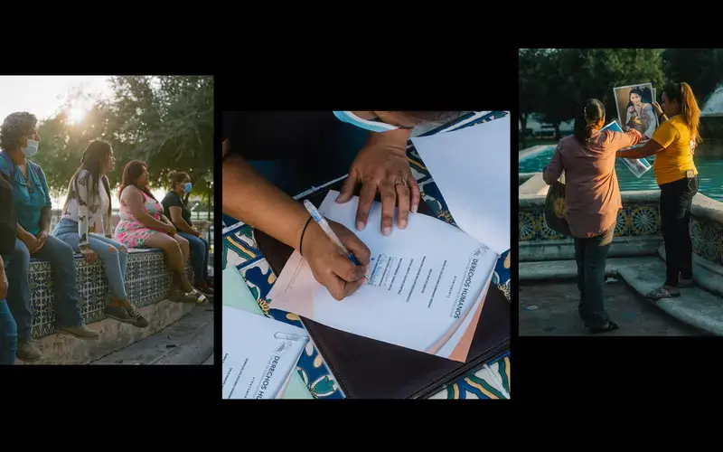 Activists are seen in Plaza Palabra during a signing of a document demanding a formal acknowledgement and apology for family members kidnapped by a special forces unit of the Mexican Marines that were trained and armed by the United States Department of Defense, in Nuevo Laredo, Mexico, on September 25, 2020.&nbsp;Image by by Christopher Lee. Mexico, 2020.