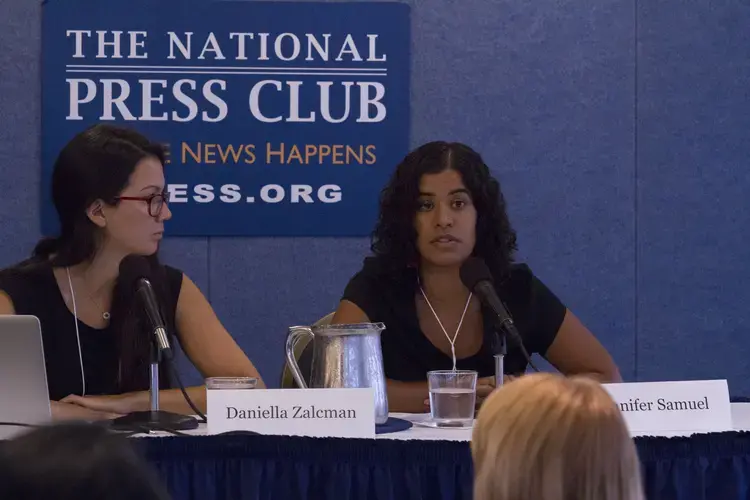 (Left to right)&nbsp;Daniella Zalcman and Jennifer Samuel present databases to help bring women photographers and photographers of color into view for photo editors at international outlets. Image by Jin Ding. United States, 2017.